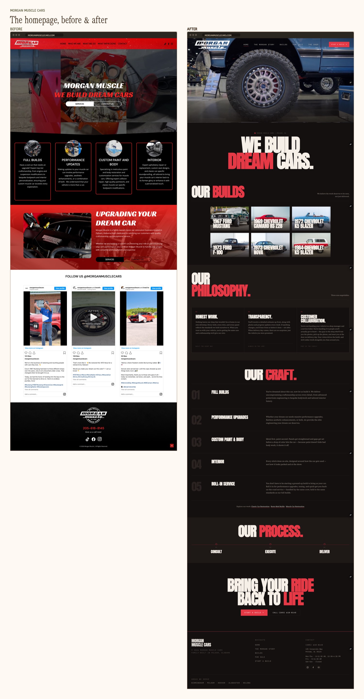 Morgan Muscle Cars homepage before and after the Lamb Creative rebuild, shown side by side